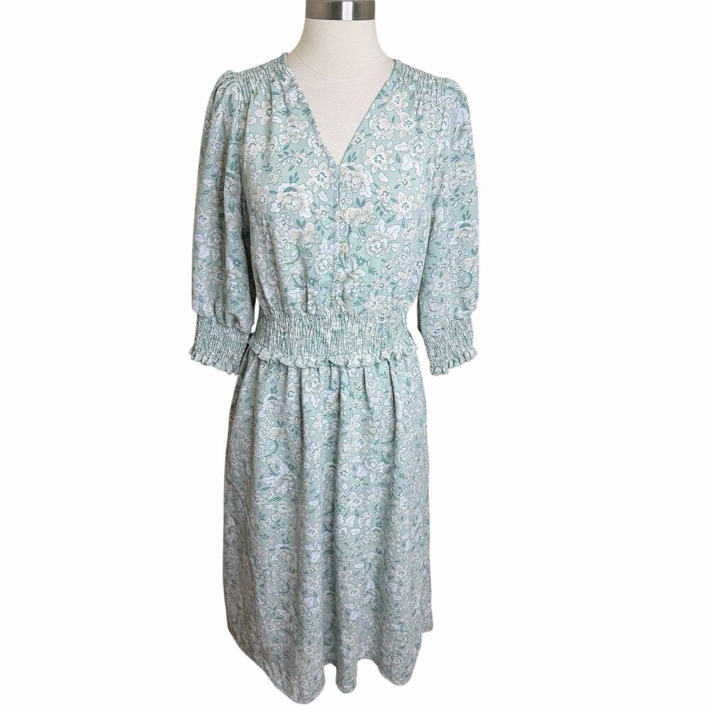 Christopher & Banks Floral Midi Dress Small Sage Green Boho Cottagecore Smocked